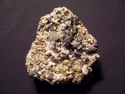 Bournonite w/ pyrite & quartz. Mina Noche Buena, near Mazapil, Zacatecas, Mexico.